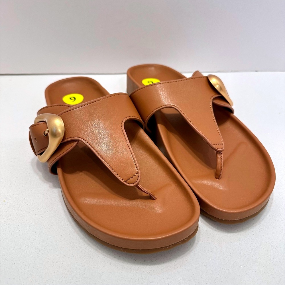 Aerosoles Lloyd Tan Thong Buckle Slide Sandals Womens 9M Gold Hardware